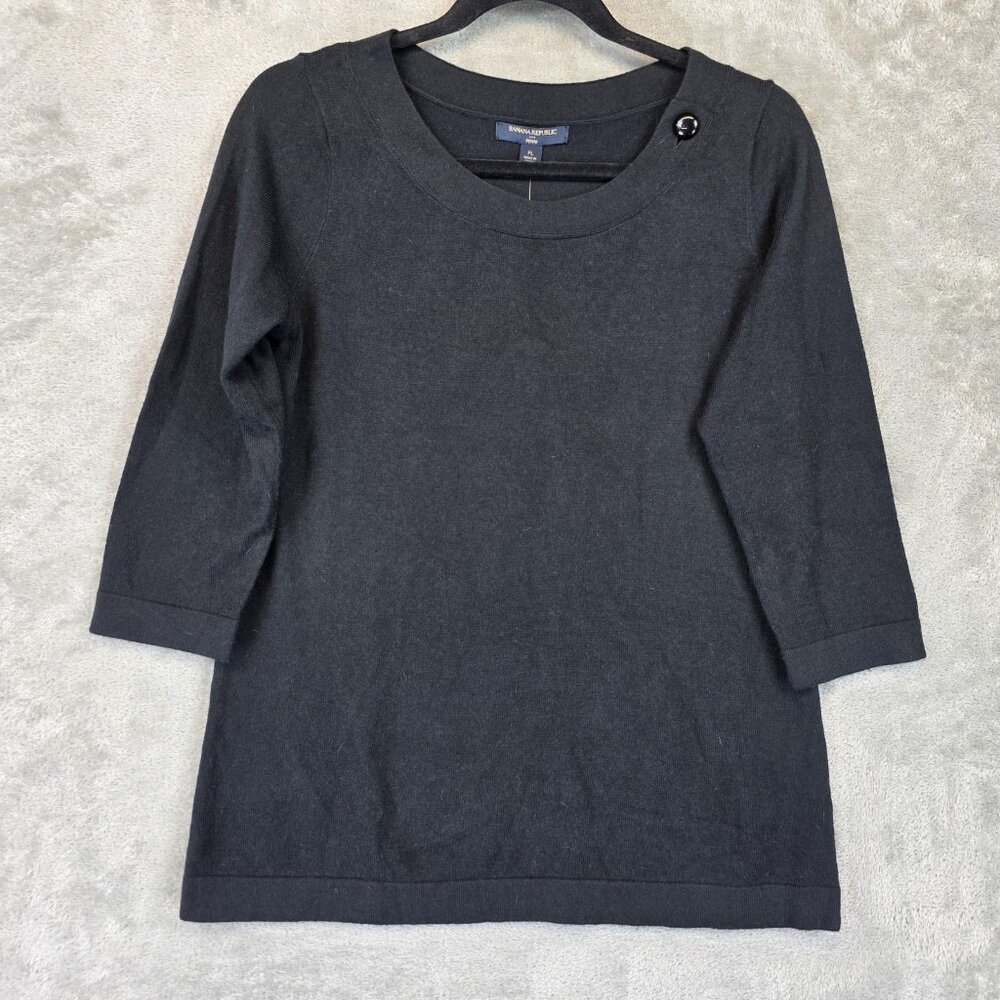 Banana Republic Sweater Womens Petite Large Black 3/4 Sleeve Button Shoulder